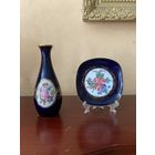 Ваза и Тарелка Розы Лимож кобальт Франция винтаж