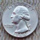 США 25 центов 1964 года, D. AU.  Квотер. Джордж Вашингтон. Серебро! Сторгуй за свою цену, предложи обмен!