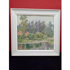 С рубля без мц. картина "речной пейзаж", 44х44см. фанера масло, надпись на раме: "Охримук"