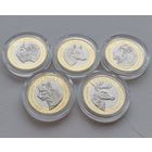 2 рубля 2021, Животный мир на гербах городов Беларуси. 1-й выпуск. Комплект из 5 биметаллических монет номиналом 2 рубля каждая в блистерах: Зубр, Лев, Олень, Волк, Рысь