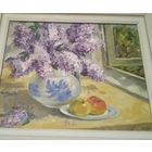 Картина СССР Коктев Сирень 45 на 50см масло двп в рамке автограф пейзаж