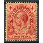 67.BrK. Великобритания. Колонии. Острова Теркс и Кайкос . Георг V. Стандарт. 4 P. 1913 г. Mi.#63х.