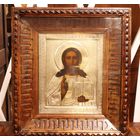 Старинная икона "Господь Вседержитель" в киоте, Царская Россия, оклад- серебро, 84 проба, 13,5х17 см