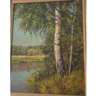 Картина береза масло двп в рамке 1988 авторская пейзаж СССР