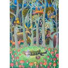 Открытка. Лето. Осень. Лес. Грибы. Флора. Мухоморы. Грибник. Лось. Лиса. Художник И. Римашевский (чистая)