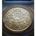 5 ЛАТ 1931 г. AU 58 ЛАТВИЯ (I-я РЕСПУБЛИКА) В СЛАБЕ "PCGS".