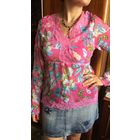 Блуза розовая в цветы с кружевом нежная 46 Вискоза