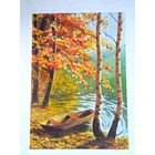 Картина осень река пейзаж березы акварель