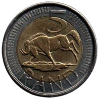 РЕСПУБЛИКА ЮЖНАЯ АФРИКА. ЮАР. 5 РАНДОВ 2004 ФАУНА. АНТИЛОПА. БИМЕТАЛЛ