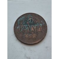 5 пенни 1917 года для Финляндии (Николай II). Монета не чищена. 45366