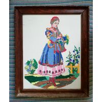 Картина старая, вышивка, Девушка с букетом, СССР, 1950-60гг
