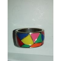 Широкое (1 см) кольцо 18 разм. Эмаль, серебро(?)