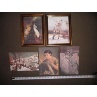 Саврасов,Брюллов,Врубель,Тропинин,реп родукции(ткань дублирована на картон)в рамках.Новое!С рубля.