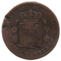 Королевство Испания. 5 сентимо 1878 ОМ (Барселона). Король Альфонсо XII де Бурбон Умиротворитель.