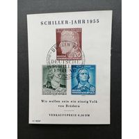 ГДР 1955 Блок Mi.12 с марками серии "Год Шиллера. К 150-летию со дня смерти Фридриха Шиллера" (спецгашение с клеем) марки Mi.464в-466в каталог 40.00 евро