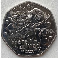 Остров Мэн 50 пенсов 2021 г. Приключения Алисы в Стране чудес. Чеширский кот