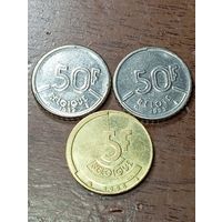 Бельгия 5 франков 1986 и 50 франков 1989 , 1993 года .
