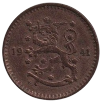 Финляндская Республика. 1 марка 1941. Медь