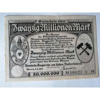Германия, нотгельды, 20000000 марок 1923 год, ассоциация промышленников Нижнего Рейна