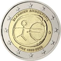 2 евро 2009 Греция 10 лет монетарной политики ЕС UNC из ролла