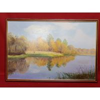 Картина "Речной лесной пейзаж", 61х43, фанера, вроде масло