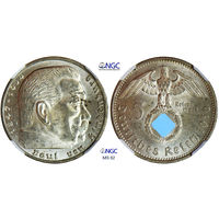 5 рейхсмарок 1936 г. А. ПАУЛЬ ГИНДЕНБУРГ. Германия. NGC MS 62. Серебро. КМ# 94