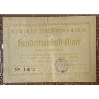 Банкнота 100000 марок 1923 год. Бинген-на-Рейне. Веймарская республика