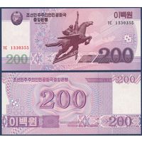 Северная Корея, 200 вон 2008 (2009) г, P-62a (2) (символ прогресса - тысячемильный конь), UNC