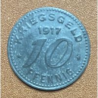 Монета 10 пфеннигов 1917 год. Бармен. Веймарская республика.