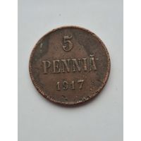 5 пенни 1917 года для Финляндии (Николай II). Монета не чищена. 45386