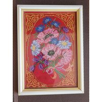 Панно "Букет", ручная вышивка крестом, в рамке.