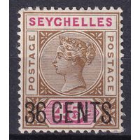 62.BrKSe. Великобритания. Колонии. Сейшельские острова. Виктория. Стандарт. Надпечатка нового номинала. 36C. 1896 г. Mi.#19.