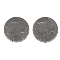 Республика Австрия (ІІ Республика).  10 шиллингов 1974, 1986, 1989, 1990. Цена за одну монету.