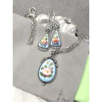 Комплект серьги, кольцо, кулон скань, финифть, винтаж, СССР, мельхиор