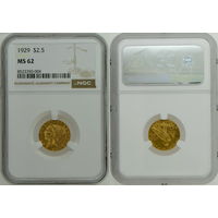 2,5 доллара 1929 г. Голова индейца. США. NGC MS 62. Золото. КМ# 128