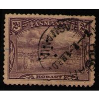 Австралийские штаты Тасмания Вид на столицу штата город Хобарт и гору Веллингтон, парусники 1899 год гашеная марка Mi #63