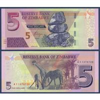 Зимбабве, 5 долларов 2019 г, P-W102 (AJ, камни Чиремба, жирафы), UNC