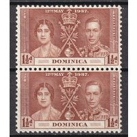 83.BrKS. Великобритания. Колонии.  Доминика. Коронация Георга VI и Елизаветы. 1937 г. 1 1/2P. Mi.#91. Пара. MNH.