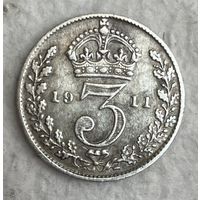 Монета Великобритания 3 пенса 1911 год. Георг V. Серебро