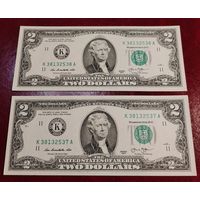2 доллара 2013 г. Две банкноты одним лотом. Номера  подряд. Продажа возможна по отдельности.