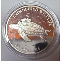 20 долларов 1993 кожистая черепаха. 31,5г серебро 925 проба. Deep cameo!