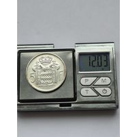 5 франков 1960 года. Монако, Монегасский франк (Ренье III). Серебро 835. Монета не чищена. L45572.