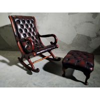 Английское кожаное кресло качалка Честерфилд с пуфиком