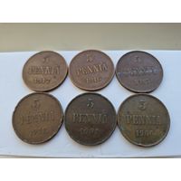 Сборный лот 5 пенни 1901, 1906, 1911, 1915, 1916, 1917 годов, для Финляндии (Николай II). Лот состоит из 6-ти монет. Монеты не чищены. 45660.
