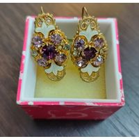 Винтажные  серьги с филигранью эмалью и кристаллами чехословацкая бижутерия времен СССР