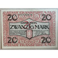 Германия 20 марок 1918 г Франкфурт-на-Майне, В3:150.06а, В/З, XF+, печать - красная. # *