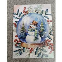 Открытка шар со снеговиком чистая
