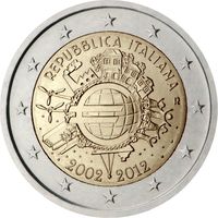 2 Евро Италия 2012 10 лет наличному обращению евро UNC из ролла