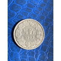 Швейцария 1/2 Франка 1908 серебро