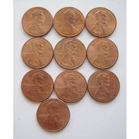 США  1цент  1993-2007г.г.  (погодовка - 10шт.)  буква "D".
